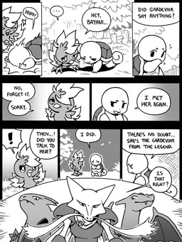 9_panel_comic ambiguous_gender anthro badge beak biped black_eyes black_text bodily_fluids dialogue ellipsis emphatic_ellipsis exclamation_point eyebrows feet feral group hair hair_over_eye looking_at_another lying mouth_closed on_front on_ground one_eye_obstructed open_mouth outside plant question_mark scarf sharp_teeth shell speech_bubble standing sweat sweatdrop tail talking_to_another talons teeth text toes tree tripping white_sclera wings flavia-elric nintendo pokemon pokemon_mystery_dungeon spike_chunsoft bayani_(yapc) reina_(yapc) alakazam charizard generation_1_pokemon generation_2_pokemon generation_3_pokemon pokemon_(species) squirtle torchic tyranitar 2026 3:4 comic english_text monochrome