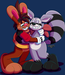 3_toes 4_fingers anthro big_feet cartoon_gloves cheek_to_cheek clothing duo eyewear feet fingers glasses hug hugging_another kerchief male male/male neckerchief neckwear paws shirt smile tail toes toony topwear wearing_glasses whiskers marquis2007 indigo_park rambley_raccoon roderick_(tamerkoh) lagomorph leporid mammal procyonid rabbit raccoon absurd_res alpha_channel hi_res