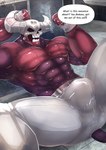 abs biceps black_eyes bottomwear bound bulge chain chained clothing dialogue hands_tied horn male mask muscular muscular_humanoid muscular_male pants pecs red_body solo text fishsticker helltaker subject_67_(helltaker) demon humanoid english_text hi_res