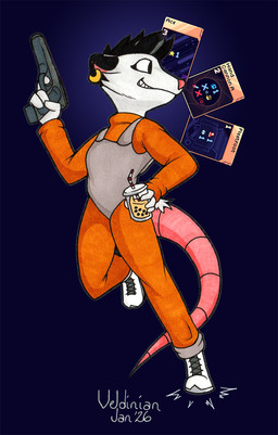 anthro beverage boots bubble_tea card clothing container cup disposable_cup drinking_straw ear_piercing female flight_suit footwear gun handgun looking_back piercing pilot ranged_weapon running science_fiction shoes solo weapon ratchetsly cobalt_core riggs_(cobalt_core) american_opossum mammal marsupial virginia_opossum hi_res