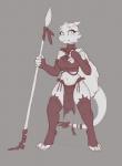 armwear bottomwear breasts bridal_gauntlets clothing female grey_background legwear loincloth melee_weapon navel non-mammal_breasts polearm sack simple_background solo spear stockings tail weapon shycryptid leska kobold scalie hi_res