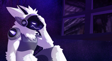 2_horns 4_fingers anthro arm_tuft armor big_ears black_horn blue_eyes breastplate chest_tuft claws cybernetics elbow_tuft electronics empty_eyes facial_tuft finger_claws fingers fluffy fluffy_ears front_view fur glowing glowing_eyes grey_body hair half-closed_eyes hand_on_face hand_on_head head_tuft horn inner_ear_fluff inside kemono light looking_away looking_down machine male male_anthro metal monotone_body monotone_fur mouth_closed narrowed_eyes neck_tuft night nude_anthro nude_male on_ground outside paws photo_background protogen_visor purple_background purple_eyes sad screen screen_face simple_background sitting slim slim_anthro slim_male solo text tired tuft visor white_body white_ears white_eyes white_fur white_hair window k441z cyborg mammal protogen robot absurd_res artist_name cel_shading detailed digital_drawing_(artwork) digital_media_(artwork) digital_painting_(artwork) english_text half-length_portrait hi_res lighting meme mixed_media painting_(artwork) photography_(artwork) portrait shaded signature wallpaper watermark widescreen