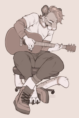 acoustic_guitar anthro bottomwear clothed clothing ear_piercing front_view guitar male male_anthro mouth_closed musical_instrument pants piercing playing_guitar playing_music plucked_string_instrument shirt simple_background sitting solo string_instrument topwear seraphictiger felid mammal hi_res monochrome