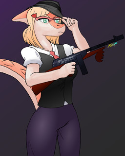 anthro biped blonde_hair bone_frill bottomwear breasts clothed clothed_anthro clothed_female clothing eyewear female fingers frill_(anatomy) frown glasses gradient_background green_eyes gun hair hat headgear headwear holding_gun holding_object holding_ranged_weapon holding_submachine_gun holding_weapon humanoid_hands long_tail medium_hair non-mammal_breasts orange_body pants ranged_weapon serious_face shirt shotgun simple_background small_breasts solo spiked_tail spikes spikes_(anatomy) standing submachine_gun tail tapering_tail text thompson_gun topwear weapon white_body 2sleepee goodbye_volcano_high ko_op_(game_developer) naomi_(gvh) dinosaur hadrosaurid ornithischian ornithopod parasaurolophus prehistoric_species reptile scalie absurd_res artist_name colored hi_res portrait three-quarter_portrait