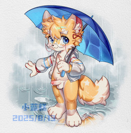 4_fingers 4_toes accessory anthro balls biped black_nose blue_clothing blue_eyes blue_hoodie blue_topwear blush bodily_fluids bottomless bottomless_anthro bottomless_male bow_ribbon cheek_tuft chest_tuft claws closed_smile clothed clothed_anthro clothed_male clothing crotch_tuft dripping erection eyebrows eyewear facial_tuft feet fingers fluffy fluffy_tail foreskin fur genital_fluids genitals gesture glans glasses glistening glistening_eyes hair_accessory hair_bow hair_ribbon hand_gesture holding_object holding_umbrella hoodie humanoid_genitalia humanoid_penis inner_ear_fluff kemono leg_markings looking_at_viewer male male_anthro markings mouth_closed multicolored_body multicolored_clothing multicolored_fur multicolored_hoodie multicolored_tail multicolored_topwear navel nipples open_clothing open_hoodie open_topwear partially_retracted_foreskin pawpads penis pink_glans pink_inner_ear precum precum_drip raining red_clothing red_hoodie red_pawpads red_topwear ribbons round_glasses smile socks_(marking) solo star_(marking) tail toes topwear tuft two_tone_body two_tone_fur two_tone_tail umbrella wearing_glasses white_balls white_body white_clothing white_eyebrows white_fur white_hoodie white_inner_ear_fluff white_penis white_tail white_topwear win-victory-love yellow_body yellow_clothing yellow_fur yellow_hoodie yellow_tail yellow_topwear young young_anthro young_male xiao_langao canid canine fox mammal 2025 absurd_res dated digital_media_(artwork) hi_res