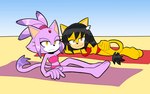 3_toes anthro beach beach_towel bikini black_hair breasts cleavage clothed clothing duo feet female fur hair purple_body purple_fur sand seaside swimwear thin_calves thin_legs thin_thighs toes towel two-piece_swimsuit yellow_body yellow_fur alotaart sega sonic_the_fighters sonic_the_hedgehog_(series) blaze_the_cat honey_the_cat domestic_cat felid feline felis mammal 2023 hi_res