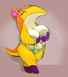 anthro areola big_breasts bikini bikini_bottom bikini_down bikini_top bodily_fluids breasts camel_toe clothed clothing eyes_closed female lactating milk nipples partially_clothed solo standing swimwear tail two-piece_swimsuit yellow_body noodlestoat animal_crossing nintendo anabelle_(animal_crossing) mammal pangolin 2023 full-length_portrait hi_res portrait