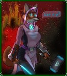 angry anthro armor blue_lightsaber bottomwear clothing dress female gauntlets gloves hammer handwear infinity_stone jewelry lightsaber melee_weapon mjolnir pants pendant solo tools weapon fleety_(artist) disney robin_hood_(disney) star_wars maid_marian canid canine fox mammal red_fox true_fox absurd_res hi_res