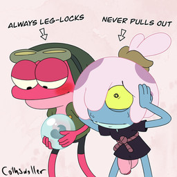4_fingers adolescent anthro balls belt big_balls big_penis biped black_clothing black_dress black_eyes black_text blue_body blue_skin blush bodily_fluids bottomless bottomless_anthro bottomless_gynomorph bottomless_intersex brown_belt closed_smile clothed clothed_anthro clothed_gynomorph clothed_male clothing countershading crossgender dress duo egg eyewear eyewear_on_head fingers flaccid foreskin ftg_crossgender fti_crossgender genital_swap genitals glans goggles goggles_on_head green_clothing green_hat green_headwear green_jacket green_topwear grey_eyewear grey_goggles gynomorph gynomorph_anthro hair hair_over_eye half-closed_eyes hat headgear headwear holding_egg holding_object humanoid_genitalia humanoid_penis intersex intersex_anthro jacket looking_down male male_anthro mouth_closed narrowed_eyes panicking partially_retracted_foreskin penis pink_balls pink_body pink_glans pink_penis pink_skin purple_hair rope rope_belt shirtless shirtless_anthro shirtless_male short_sleeves smile sweat sweaty_face text topwear wide_eyed yellow_sclera young young_anthro young_gynomorph young_intersex young_male cothswoller amphibia_(series) disney maddie_flour sprig_plantar amphibian frog 1:1 2025 english_text hi_res signature andromorph_(lore)