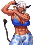 abs biceps big_breasts bottomwear breasts clothing female flexing hair horn midriff muscular muscular_female navel pants red_eyes simple_background solo tan_body tan_skin white_background white_hair sotcho animal_humanoid bovid bovid_humanoid bovine bovine_humanoid cattle_humanoid humanoid mammal mammal_humanoid 2022 absurd_res hi_res