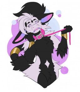 ambiguous_gender anthro arm_tuft belly belly_markings big_ears black_body black_fur black_hair bracelet cheek_tuft chest_tuft collar elbow_tuft eyelashes facial_markings facial_tuft fangs featureless_crotch forehead_markings fur gold_(metal) gold_jewelry gradient_inner_ear hair head_markings hip_tuft jewelry leash long_ears markings multicolored_body multicolored_fur open_mouth pink_collar pink_eyes shoulder_tuft simple_background solo star_on_forehead teeth tuft white_body white_fur white_hair mordorinka colored_line_art hi_res portrait three-quarter_portrait