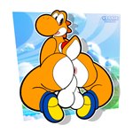 anthro anus backsack balls big_balls big_butt butt clothing footwear footwear_only genitals kneeling looking_back male mostly_nude open_mouth orange_body orange_scales pink_anus raised_tail scales shoes shoes_only solo tail thick_thighs white_body white_scales wide_hipped_male wide_hips veggieafterdark mario_bros nintendo super_mario_bros_wonder yoshi_(character) dinosaur orange_yoshi prehistoric_species reptile scalie yoshi 1:1 absurd_res hi_res