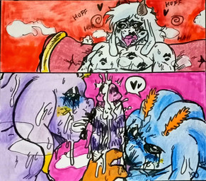 anthro black_sclera bodily_fluids breath cum ejaculation erection genital_fluids genitals glans group kiss_mark kissing looking_at_viewer male male/male overwhelmed panting penis penis_kissing trio canstraw lyru_dreemurr aquatic aquatic_gastropod boss_monster_(undertale) bovid caprine gastropod goat mammal mollusk nudibranch puwa sea_slug slug comic hi_res
