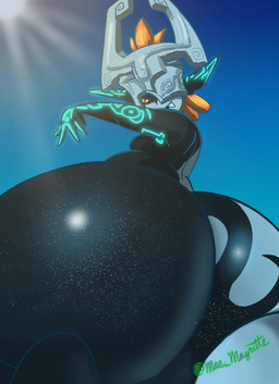 5_fingers big_butt black_body blue_sky breasts bubble_butt butt butt_focus close-up clothing convenient_censorship fangs female fingers fused_shadow hair headgear headwear huge_butt humanoid_pointy_ears looking_at_viewer looking_back looking_down low-angle_view narrowed_eyes not_furry nude open_mouth open_smile orange_hair outside pointy_ears pose presenting presenting_hindquarters rear_view red_eyes sand sand_on_butt sharp_teeth shortstack sky small_breasts smile smug solo sun teeth white_body wide_hips yellow_sclera mae_magritte_(artist) nintendo the_legend_of_zelda twilight_princess midna humanoid mammal twili hi_res signature