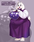 2_horns 3_toes anthro asking_another barefoot belly belly_overhang big_belly big_breasts biped blowup_background breasts claws clothed clothing dress fangs feet female fingers_together floppy_ears fur happy horn huge_breasts lop_ears navel_outline obese obese_anthro obese_female open_mouth open_smile overweight overweight_anthro overweight_female robe scut_tail short_tail simple_background smile solo speech_bubble standing tail talking_to_another teeth text three-quarter_view toe_claws toes white_body white_fur wide_hips champchidi undertale undertale_(series) toriel boss_monster_(undertale) bovid caprine goat mammal 2025 digital_media_(artwork) english_text full-length_portrait hi_res portrait signature
