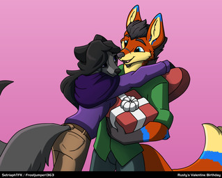 2_tails anthro black_hair blue_bottomwear blue_clothing blue_eyes blue_pants bottomwear box clothed clothed_female clothed_male clothing container female fully_clothed fully_clothed_female fully_clothed_male fur fur_markings gift_box green_clothing green_shirt green_topwear grey_body grey_fur hair heart_box holidays hug hugging_another long_hair male male/female markings multi_tail pants pink_background purple_clothing purple_eyes purple_sweater purple_topwear red_body red_fur shirt simple_background smile smiling_at_another sweater tail tan_bottomwear tan_clothing tan_pants topwear setriaphtfj valentine's_day lumila_tenris rusty_(redsteelfox) canid canine fox mammal red_fox silver_fox true_fox absurd_res hi_res