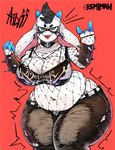 anthro belly belly_overhang big_belly big_breasts blue_eyes bottomwear bovid_horn breasts caprine_horn cleavage clothed clothing collar devil_horns_(gesture) female fishnet_clothing fishnet_topwear fur gesture goat_horn hand_gesture horn huge_breasts long_ears overweight overweight_anthro overweight_female pants slightly_chubby slightly_chubby_anthro slightly_chubby_female solo thick_thighs tongue tongue_out topwear torn_bottomwear torn_clothing torn_pants white_body white_fur wide_hips remiman atlyss dethklok angela_flux kubold_(atlyss) hi_res