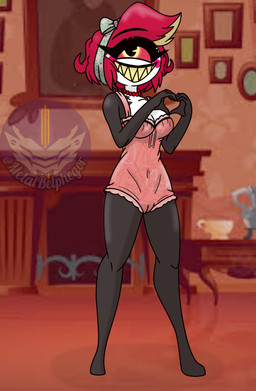 1_eye black_body breasts clothed clothing fangs female hair multicolored_body open_mouth open_smile partially_clothed red_hair smile solo teeth thick_thighs two_tone_body white_body metalbelphegor hazbin_hotel hellaverse niffty_(hazbin_hotel) cyclops demon demon_humanoid humanoid absurd_res hi_res
