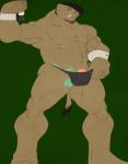 5_fingers abs anthro beard biceps biped black_bottomwear black_clothing black_eyebrows black_hair black_underwear bottomwear brown_body brown_fur brown_tail bulge clothed clothing eyebrows facial_hair fingers flexing floppy_ears front_view fur genitals green_background green_eyes hair looking_at_viewer male money money_in_thong muscular muscular_anthro muscular_male pecs penis penis_base pink_penis short_hair simple_background solo standing stripper tail tail_tuft thong topless tuft tusks underwear dazen_cobalt leland_(hurst) mammal suid suine sus_(pig) wild_boar 2012 digital_media_(artwork) full-length_portrait hi_res portrait