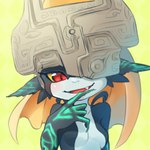 armor breasts clothing featureless_breasts female fingers fused_shadow headgear headwear helmet humanoid_pointy_ears open_mouth open_smile pointy_ears red_eyes simple_background smile solo ningukt nintendo the_legend_of_zelda twilight_princess midna humanoid imp twili 1:1 2014