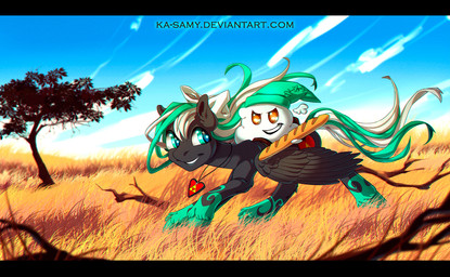 amber_eyes black_bars blue_eyes bread clothing day detailed_background duo feathered_wings feathers female feral food fur grass green_body green_fur green_hair grey_body grey_feathers hair hat headgear headwear nude outside plant sky smile text tree white_hair wings ka-samy hasbro my_little_pony mythology fan_character equid equine mammal mythological_creature mythological_equine pegasus url