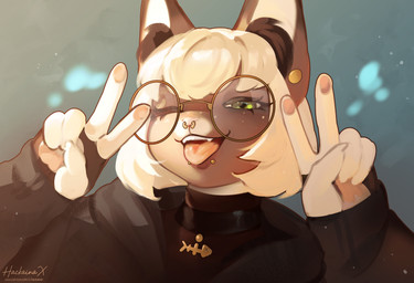 5_fingers anthro biped claws clothed clothed_anthro clothed_female clothing eyewear female finger_claws fingers fur glasses hair inner_ear_fluff looking_at_viewer open_mouth open_smile round_glasses simple_background smile solo teeth tongue tuft hackainax saucey felid feline felis lynx mammal 2026 digital_drawing_(artwork) digital_media_(artwork) hi_res nonbinary_(lore)