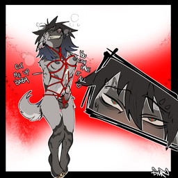 anthro areola balls bdsm black_areola black_nipples bodily_fluids bondage bound breasts clenched_teeth cum cumshot dialogue ear_piercing ear_ring ejaculation erection eyebrow_piercing eyebrow_through_hair eyebrows face_closeup facial_piercing fluffy fluffy_tail front_view fur genital_fluids genitals glans gradient_hair green_eyes grey_body grey_fur gynomorph hair hands_behind_back hands_tied hands_tied_behind_back head_back heart_symbol intersex legs_together looking_at_viewer looking_pleasured medium_hair nipples nose_piercing nude_anthro nude_gynomorph penis piercing red_background restraints ring_piercing rope rope_bondage rope_harness septum_piercing simple_background small_breasts solo standing tail teeth text translucent translucent_hair white_background gurocuck canid canine canis mammal wolf 1:1 2026 artist_name english_text hi_res