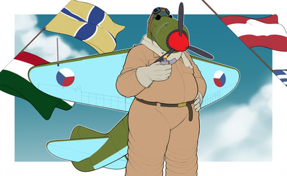 aircraft airplane anthro austrian_flag back_wings blue_body cigarette clothed clothing cloud cockpit czech_flag fin flag flight_goggles flight_suit gloves green_body handwear holding_object hungarian_flag lighter machine male metallic_body not_furry propeller scarf sky skyscape solo tail tail_fin vehicle wings ndragon3 aeromorph living_aircraft living_machine living_vehicle digital_media_(artwork) hi_res