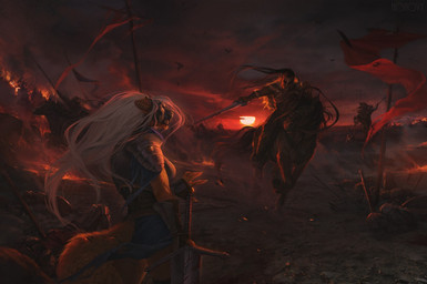 anthro armor battle braided_hair breasts clothed clothing female feral group hair holding_melee_weapon holding_object holding_sword holding_weapon hooves horizon male melee_weapon sky standing sun sunset sword war weapon white_hair honovy zilla_(airlea) canid canine canis equid equine golden_jackal horse human jackal mammal 2018 digital_media_(artwork)