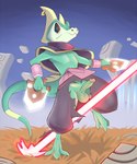 5:6 anthro atane27 balls black_eyes bottomwear clothed clothing digital_media_(artwork) genitals green_body hi_res holding_object holding_weapon katar laser lizard lizard_tail male mantle melee_weapon pants penis piercing reptile scalie solo tail topwear torn_clothing weapon windblown_(game)