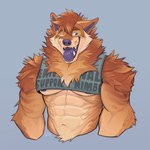 abs anthro biceps big_pecs body_hair breasts clothing crop_top fur hair happy_trail male muscular muscular_anthro muscular_male nipples orange_body orange_fur pecs piercing purple_nose purple_tongue shirt simple_background smile solo text tongue tongue_out topwear under_boob bearlyfeline canid canine mammal 1:1 hi_res