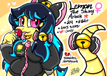accessory anthro blue_hair bow_ribbon breasts candy clothing dessert female food furgonomics hair hair_accessory hair_bow hair_ribbon jacket lollipop namesake pink_eyes ribbons solo tail tail_accessory tail_bow tail_ribbon text topwear yellow_body lewdchuu nintendo pokemon lemon_(lewdchuu) arbok generation_1_pokemon pokemon_(species) shiny_pokemon english_text hi_res model_sheet