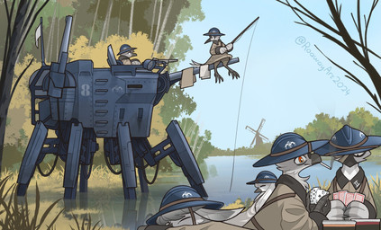 ace_of_clubs ambiguous_gender anthro armor armored_vehicle ave_(roawayart) avian_feet bandage bandage_on_face beak cannon card cigarette clothing coat day detailed_background eight_of_spades fishing fishing_rod grass group gun headgear helmet lake machine mecha military military_uniform multi_leg multi_limb outside plant playing_card ranged_weapon sitting sleeping smoking smoking_cigarette spider_tank tank_(vehicle) topwear tree uniform vehicle walker water weapon windmill roawayart avian bird 2024 hi_res