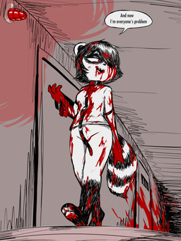 3_toes alarm anthro asylum barefoot barely_visible_genitalia barely_visible_vulva belt_collar blood bodily_fluids bottomless bottomless_anthro bottomless_female breasts butt clothed clothing convenient_censorship covered_in_blood creepy crotch_strap escape feet female female_anthro fluffy fluffy_tail genitals gore grin hair helpless horror_(theme) imminent_death implied_cannibalism looking_at_viewer looking_back low-angle_view lying markings medium_breasts mental_illness multicolored_ears on_back padded_room pawpads peril question red_eyes restraints ring_(marking) ringed_tail shadow short_hair smile solo straitjacket striped_markings striped_tail stripes struggling tail tail_markings talking_to_viewer text toes torn_clothing vulva worm's-eye_view e254e cerise_(e254e) mammal procyonid raccoon 2025 3:4 absurd_res black_and_white_and_red english_description full-length_portrait hi_res lol_comments portrait