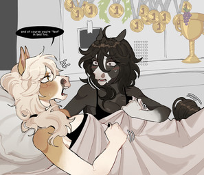 5_fingers anthro award bed bed_covers bedding biped blush breasts brown_hair brown_tail clothed clothed_anthro clothed_female clothing dialogue duo female fingernails fingers front_view fur furniture grey_body grey_eyes grey_fur hair inside looking_at_another lying lying_on_bed medal nails on_back on_bed open_mouth pillow side_view speech_bubble tail teeth text tongue topwear trophy white_hair raccoattack equid equine horse mammal 2025 digital_drawing_(artwork) digital_media_(artwork) english_text hi_res