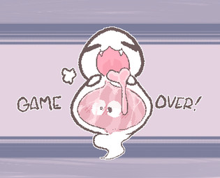 ambiguous_gender blush duo fangs game_over gameplay_mechanics one_eye_closed open_mouth open_smile pink_tongue simple_background smile teeth tongue vore white_body qwishiflavor mario_bros nintendo boo_(mario) ghost spirit 2025