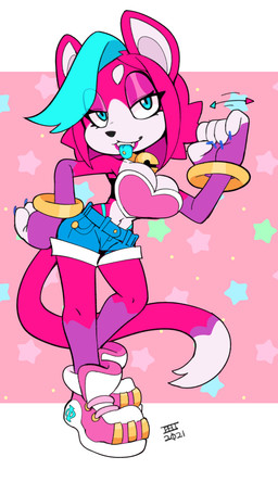 anthro bell bell_collar blue_eyes blue_tongue bottomwear breasts clothing collar female footwear gesture hair hand_gesture handjob_gesture looking_at_viewer piercing pink_body pink_hair shoes shorts smile sneakers solo star suggestive suggestive_gesture tail tongue tongue_piercing scarfyace sega sonic_the_hedgehog_(series) fan_character phi_(scarfyace) domestic_cat felid feline felis mammal 2021 hi_res