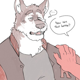 anthro blank_expression clothed clothing dialogue duo ellipsis eyebrows fur hand_on_shoulder hypnosis jacket letterman_jacket male mind_control open_mouth pink_tongue shirt simple_background solo_focus speech_bubble text tired_eyes tongue topwear white_background hyenaface hypnovember canid canine canis domestic_dog mammal 1:1 2021 digital_drawing_(artwork) digital_media_(artwork) english_text flat_colors handwritten_text sketch