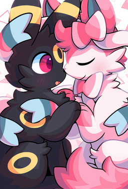 ambiguous_feral ambiguous_gender black_body black_fur blush duo eyes_closed feral fur fur_tuft hug looking_at_another looking_at_partner nose_to_nose open_mouth paws pink_body pink_fur quadruped red_eyes ribbons_(anatomy) romantic simple_background tuft white_body white_fur apolozorua nintendo pokemon eeveelution generation_2_pokemon generation_6_pokemon pokemon_(species) sylveon umbreon hi_res