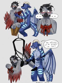 2_horns anthro arm_feathers bdsm beak black_beak black_hair black_markings black_penis blue_body blue_ears blue_membrane blue_scales blue_stripes blue_wings blush bodily_fluids bondage bound closed_smile dialogue duo ellipsis eyelashes feathers genitals grey_background grey_body grey_feathers hair half-closed_eyes hands_tied head_markings holding_object holding_whip horn humanoid_hands male male/male male_anthro markings membrane_(anatomy) membranous_wings mouth_closed multicolored_body multicolored_feathers narrowed_eyes nude_anthro nude_male open_mouth open_smile orange_eyes penis red_body red_feathers red_rope red_tail restraints riding_crop rope rope_bondage safeword scales scutes sex_swing short_hair simple_background sitting smile speech_bubble striped_body striped_legs striped_wings stripes suspension sweat sweatdrop tail tan_horn text two_tone_tail whip wings yellow_scutes birdpaw_(artist) european_mythology final_fantasy mythology square_enix avian bird chocobo dragon mythological_creature mythological_scalie scalie western_dragon 2026 artist_name comic dated digital_drawing_(artwork) digital_media_(artwork) english_text hi_res shaded