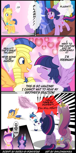 angry axe blush bodily_fluids crying female feral heart_symbol horn magic male melee_weapon polearm pregnant spear sweat sweatdrop tears text threatening weapon wings shujiwakahisaa friendship_is_magic hasbro my_little_pony mythology flash_sentry_(mlp) princess_cadance_(mlp) royal_guard_(mlp) shining_armor_(mlp) twilight_sparkle_(mlp) equid equine horse mammal mythological_creature mythological_equine pegasus pony unicorn winged_unicorn comic english_text