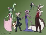 anthro black_tie_(suit) blue_eyes bow_tie breasts cleavage clothed clothing dress female fur green_body green_eyes green_fur green_hair group hair male male/female pink_hair purple_body purple_eyes purple_skin simple_background spade_tail suit tail yellow_eyes david_lillie jimsan dreamkeepers bastion_aduro lilith_calah mace_(dreamkeepers) namah_calah whip_(dreamkeepers) canid domestic_cat felid feline felis lizard mammal reptile scalie sibling_(lore) sister_(lore) sisters_(lore)