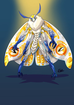 2_toes 4_fingers anthro biped blue_body blue_eyes claws feet fingers looking_at_viewer male multi_arm multi_limb simple_background solo standing toes white_body wings lluisabadias arthropod insect lepidopteran moth 2021 absurd_res hi_res