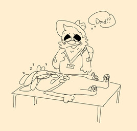ambiguous_gender anthro backpack band-aid band-aid_on_arm band-aid_on_elbow bandage bow_tie clothing eyes_closed eyewear fedora furniture glasses hair half-closed_eyes hand_on_face hat headgear headwear looking_at_another lying lying_on_table name_tag narrowed_eyes on_back on_table simple_background sleeping solo sound_effects standing table teeth text thought_bubble vowelless vowelless_sound_effect worried yellow_background zzz shaibey bugsnax young_horses floofty_fizzlebean the_journalist_(bugsnax) grumpus 2022 digital_media_(artwork) english_text hi_res procreate_(artwork) sketch nonbinary_(lore)