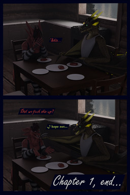 anthro arm_warmers armwear blue_eyes clothing dialogue female fur green_body hoodie horn husband_and_wife male married_couple pink_eyes profanity reassuring red_body red_fur sad shirt tank_top text topwear upset flauntingfornication european_mythology mythology dragon mythological_creature mythological_scalie scalie western_dragon wyvern 2:3 3d_(artwork) absurd_res comic digital_media_(artwork) english_text hi_res