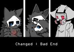 anthro bad_end black_background black_body black_fur blue_eyes bodily_fluids clothing coat crossed_arms crying eyes_closed fur gas_mask group hug lab_coat male male_anthro mask simple_background tears topwear white_bars white_body white_eyes white_fur wounded fchicken changed_(video_game) dr._k_(changed) lin_(changed) puro_(changed) canid canine canis mammal wolf digital_media_(artwork)