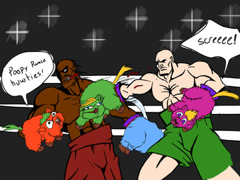 abuse ambiguous_feral ambiguous_gender anal anal_penetration animal_abuse baby_talk blonde_hair blood blood_from_ass blood_in_ass blue_body blue_fur bodily_fluids bottomwear boxing brown_hooves buckteeth clenched_teeth clothing dark_body dark_skin dialogue feral fight fur gloves green_body green_bottomwear green_clothing green_fur green_hair green_tail group hair handwear helpless hooves light_body light_skin male male_human muscular muscular_human muscular_male open_mouth pain pained_expression penetration punch purple_body purple_clothing purple_fur purple_gloves purple_handwear quadruped red_body red_bottomwear red_clothing red_fur scared screaming speech_bubble sport suffering tail teeth text torture violence what yellow_tail young young_ambiguous young_feral papa_nurgle fluffy_pony fluffy_pony_(species) human mammal 4:3 digital_media_(artwork) english_text hi_res meme