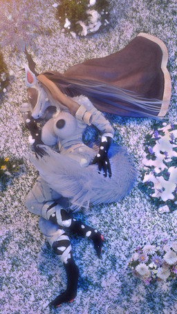 2_horns 4_fingers anthro antlers areola bandage bandaged_arm bandaged_leg big_breasts bird's-eye_view black_areola black_arms black_legs black_nipples blindfold breasts casual_nudity female fingers flower fluffy fluffy_tail fur gloves_(marking) grass grey_hair hair high-angle_view horn long_hair lying lying_on_ground markings nipples on_grass on_ground on_side pawpads pink_pawpads plant snow snow_on_fur solo tail white_body white_fur wide_hips mrs_dexie furromantic_(modeler) bloodborne fromsoftware mythology sony_corporation sony_interactive_entertainment vicar_amelia beast_(bloodborne) canid canine mammal mythological_canine mythological_creature werecanid werecanine werecreature werewolf 2024 3d_(artwork) 9:16 digital_media_(artwork) full-length_portrait hi_res portrait