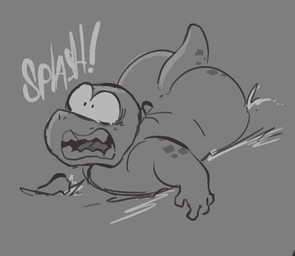 4_fingers anthro big_butt biped butt fingers male open_mouth scared slightly_chubby solo text awakecore gameoverse glitch_productions gobbles_(gameoverse) dinosaur prehistoric_species reptile scalie 2026 english_text