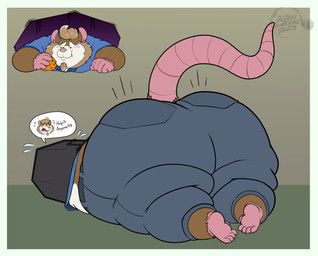 anthro big_butt bottomwear brown_body brown_fur butt cheese clothing dairy_products food fur huge_butt lying male overweight overweight_male pants pink_nose solo stuck werebearista mammal murid murine rat rodent 2025 hi_res